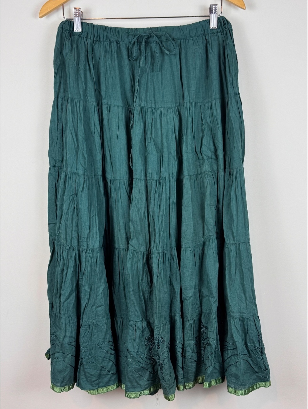 Millenium Green Cotton Tiered Maxi Skirt L Embroidered Boho Peasant Y2K India